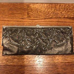 Badgley Mischka lambskin beaded bronze clutch